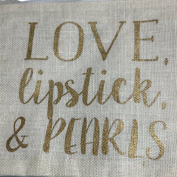 MudPie Love Lipstick Pearls Burlap Zipper Pouch Makeup Bag Gold Tassel Accent - Picture 2 of 4